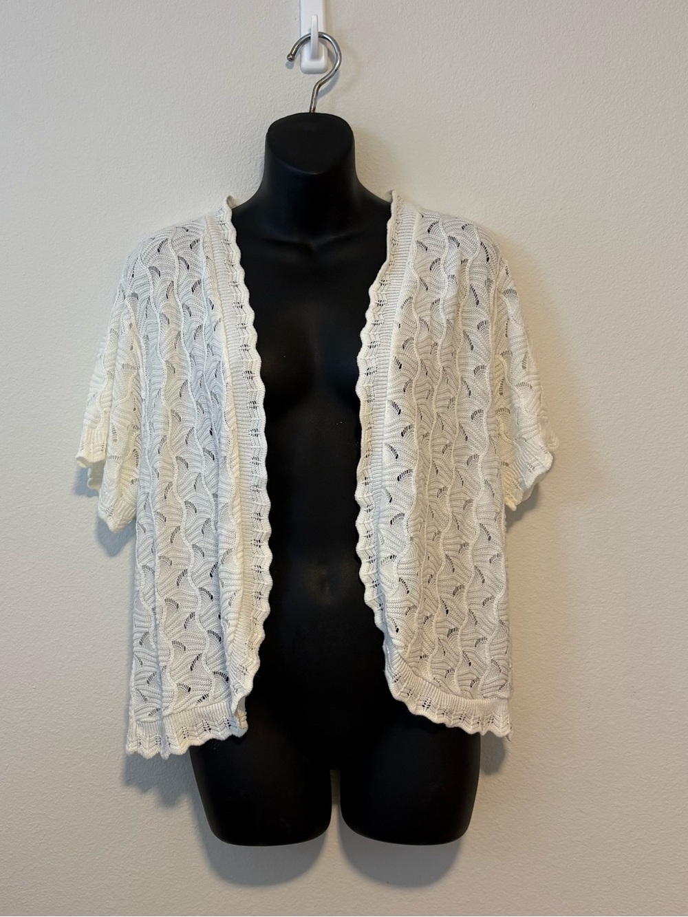 Ellen Weaver Summer Hollow Out Open Front Knit Short Sleeve Cropped Cardigan
